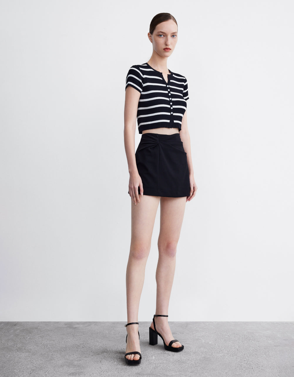 Button Front Striped  Short Sleeve Cardigan