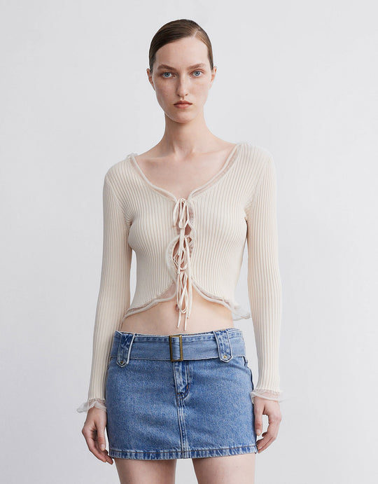 Contrast Tie Front Rib Knit Top