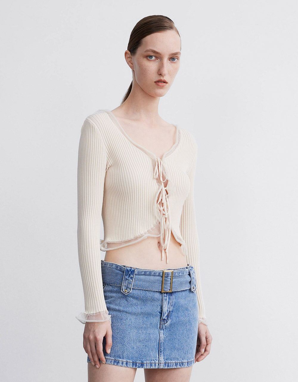 Contrast Tie Front Rib Knit Top