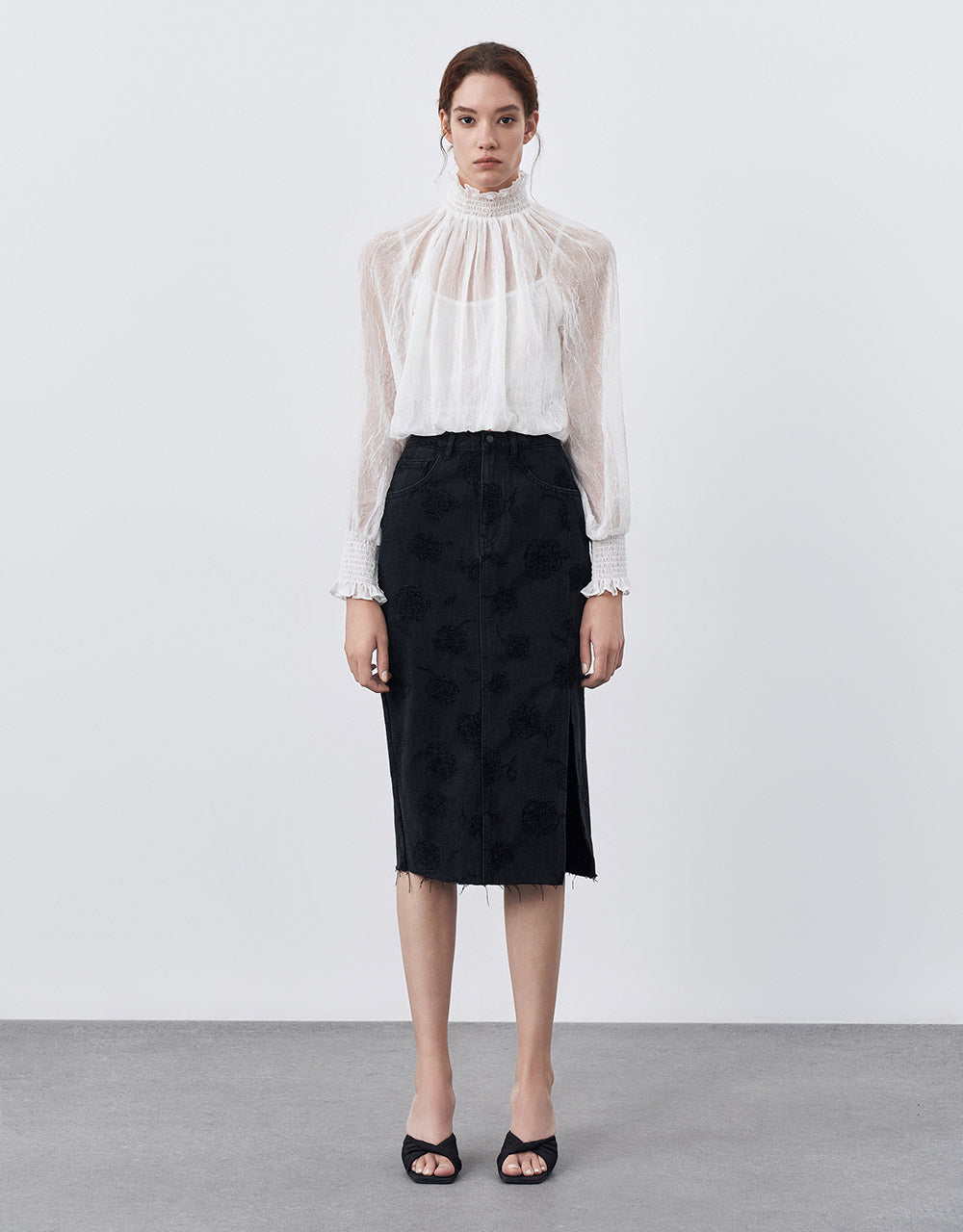 Printed Slit Hem Denim Skirt