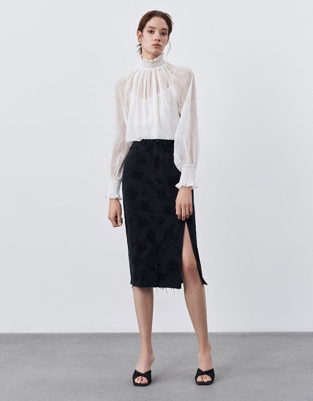 Printed Slit Hem Denim Skirt