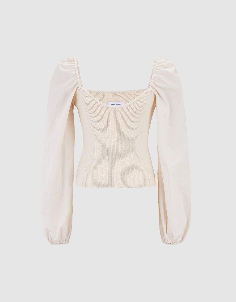 Patched Puff Sleeves Knit T-Shirt