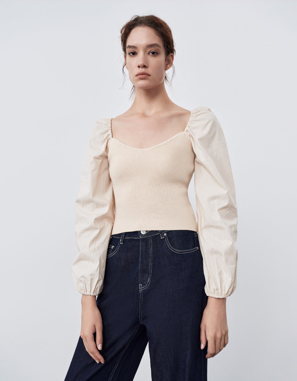 Patched Puff Sleeves Knit T-Shirt