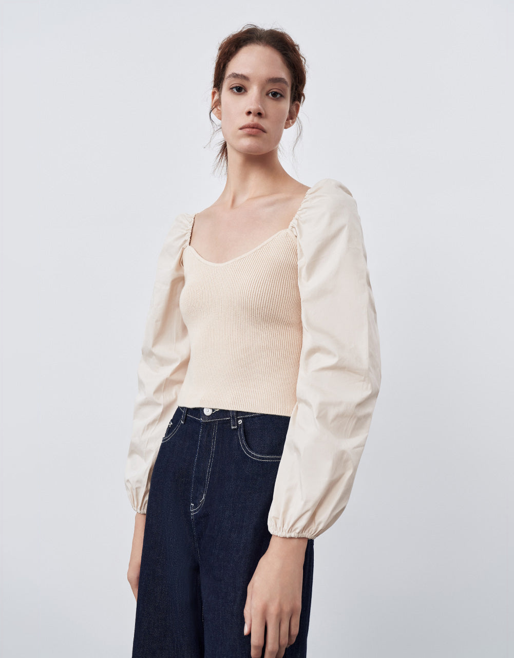 Patched Puff Sleeves Knit T-Shirt