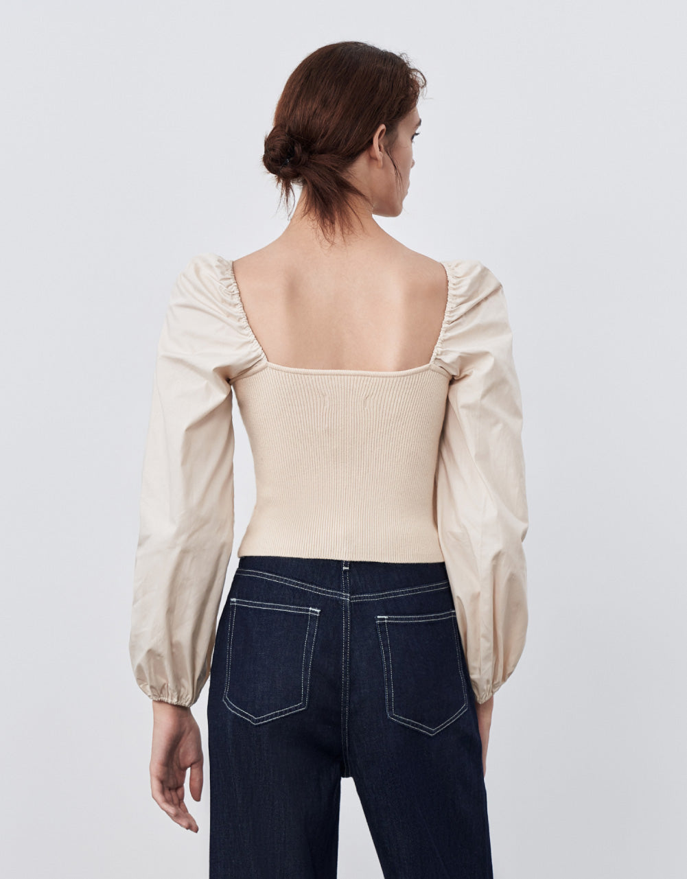Patched Puff Sleeves Knit T-Shirt