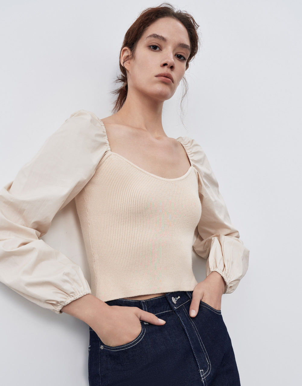 Patched Puff Sleeves Knit T-Shirt