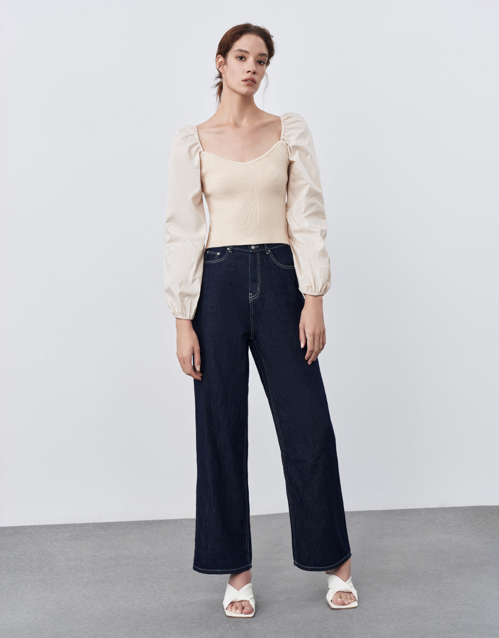 Patched Puff Sleeves Knit T-Shirt