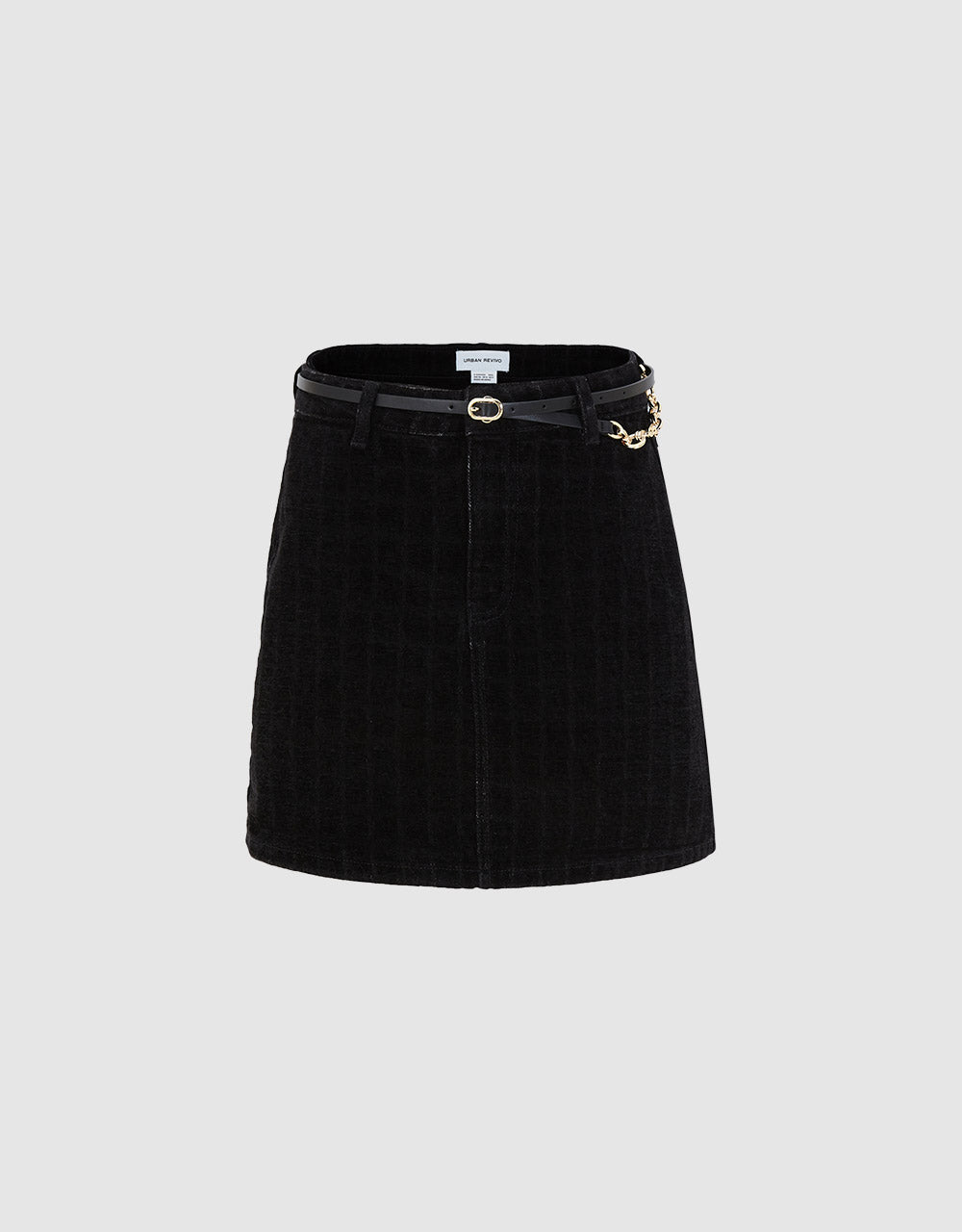 Checkered Belted Denim Skirt With Chain