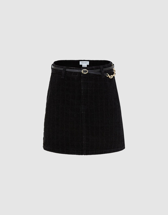 Checkered Belted Denim Skirt With Chain