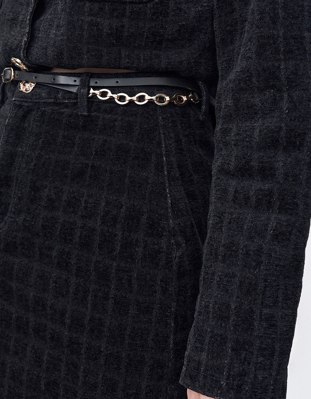 Checkered Belted Denim Skirt With Chain