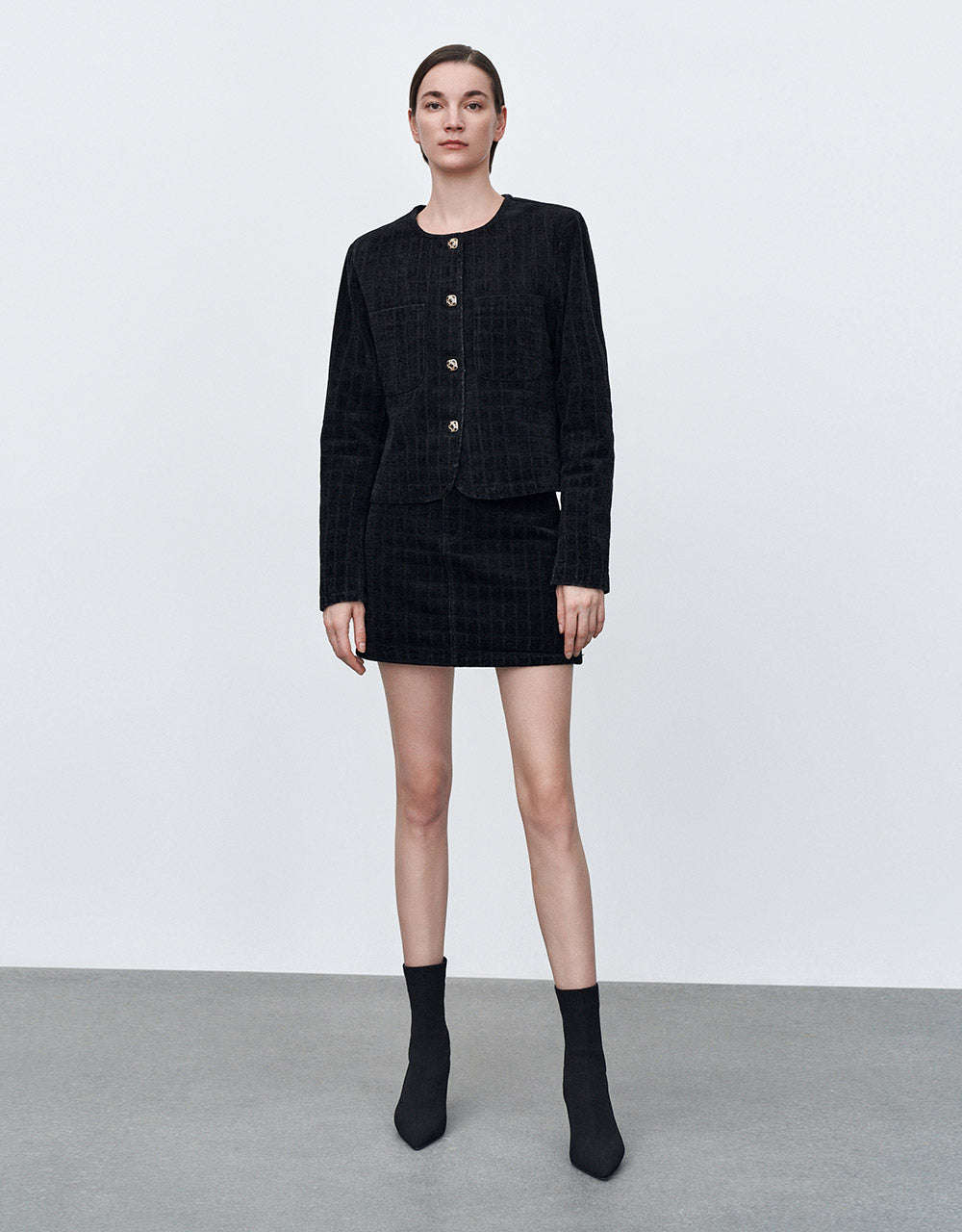 Checkered Belted Denim Skirt With Chain