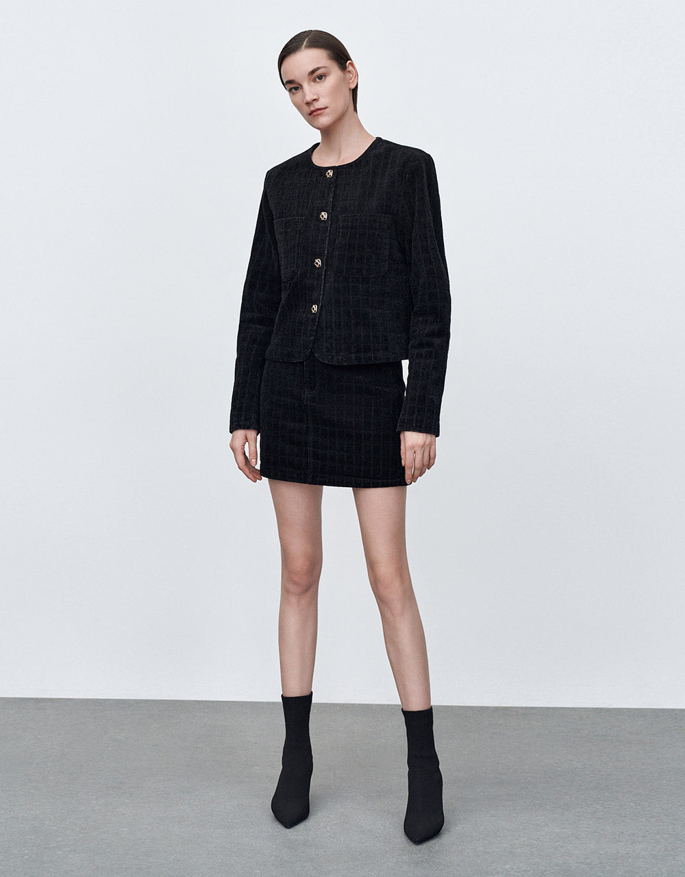 Checkered Belted Denim Skirt With Chain