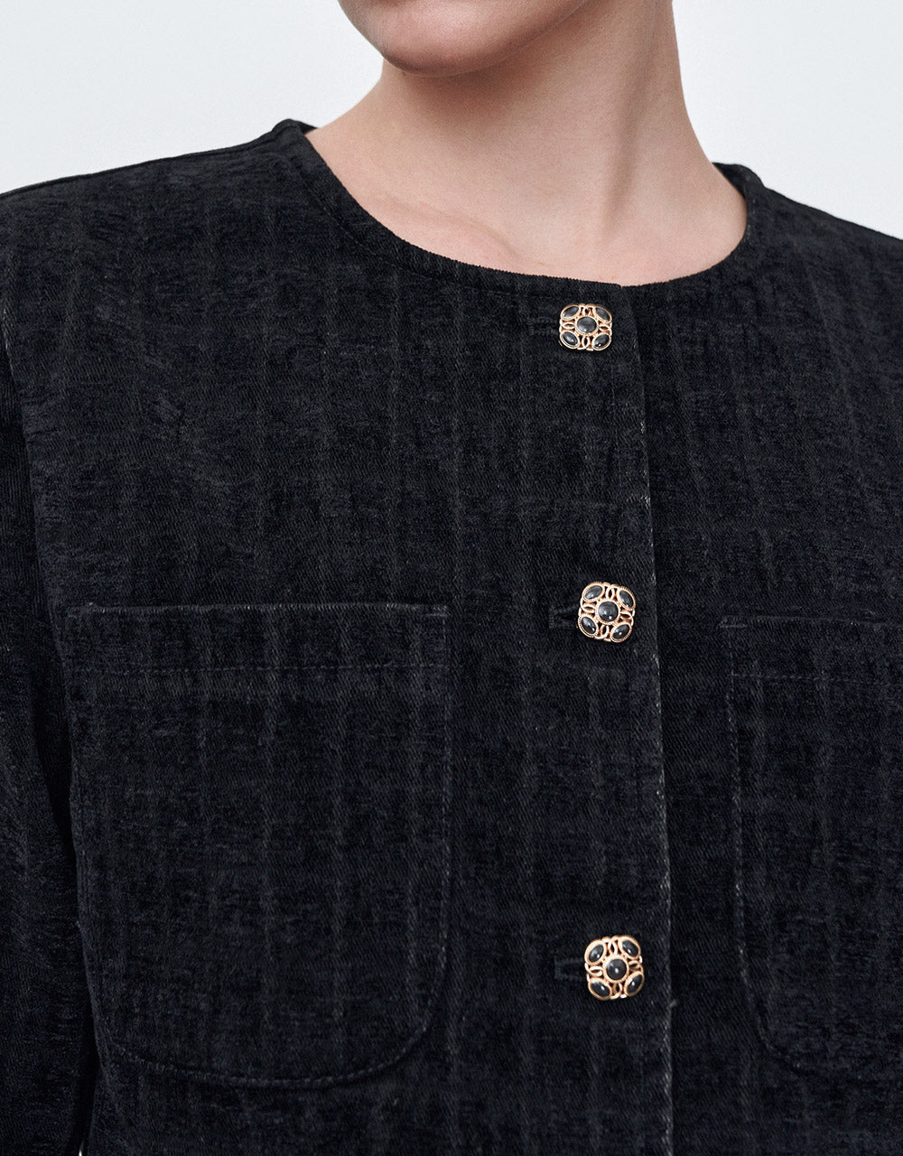Patch Pocket Checkered Denim Jacket