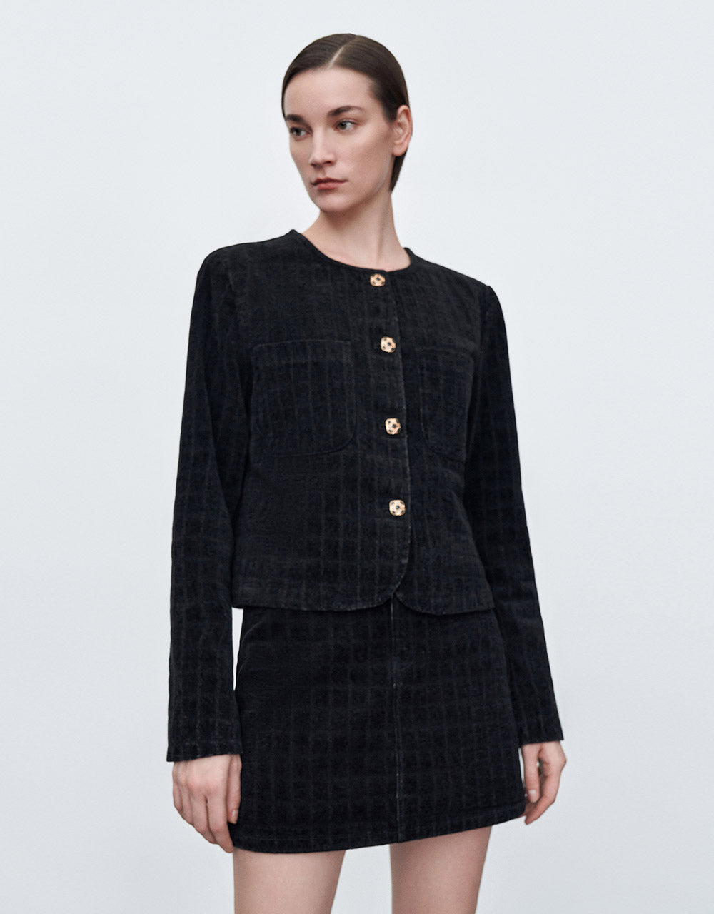 Patch Pocket Checkered Denim Jacket