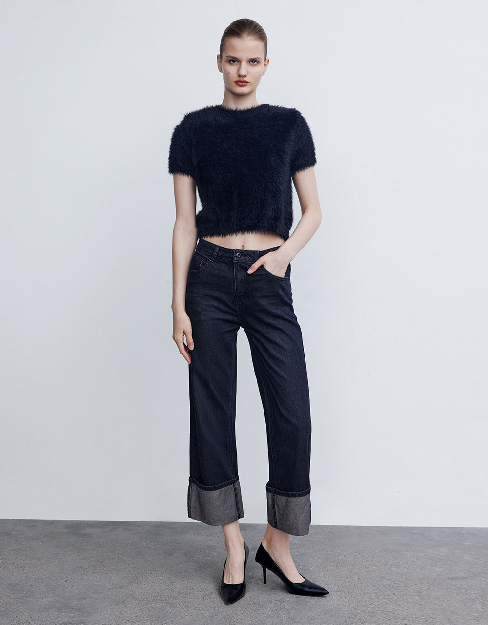 Roll Up Hem Wide Leg Jeans