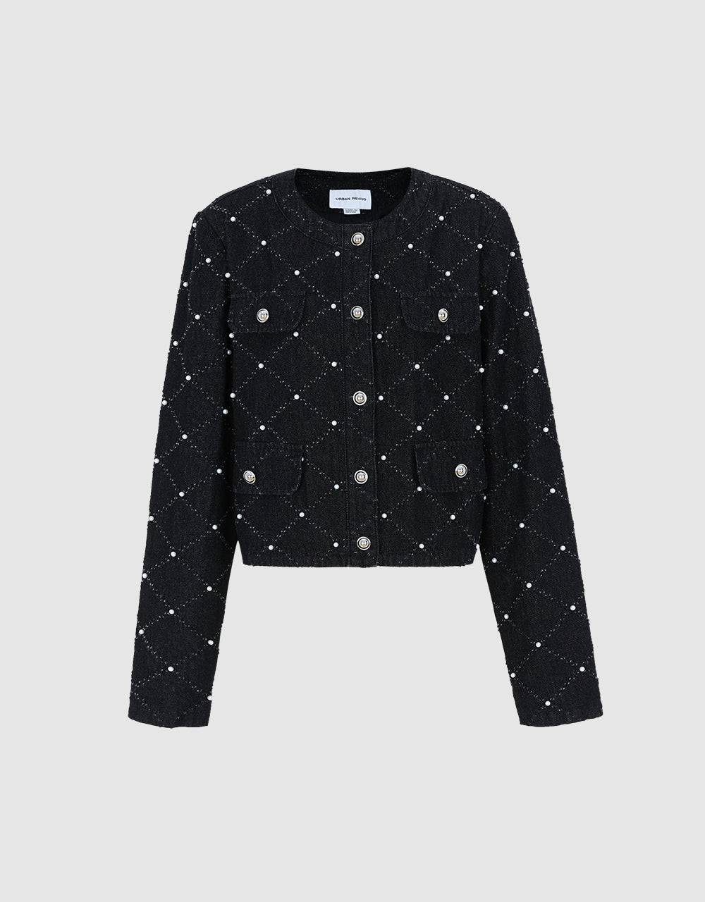 Faux Pearl Argyle Denim Jacket