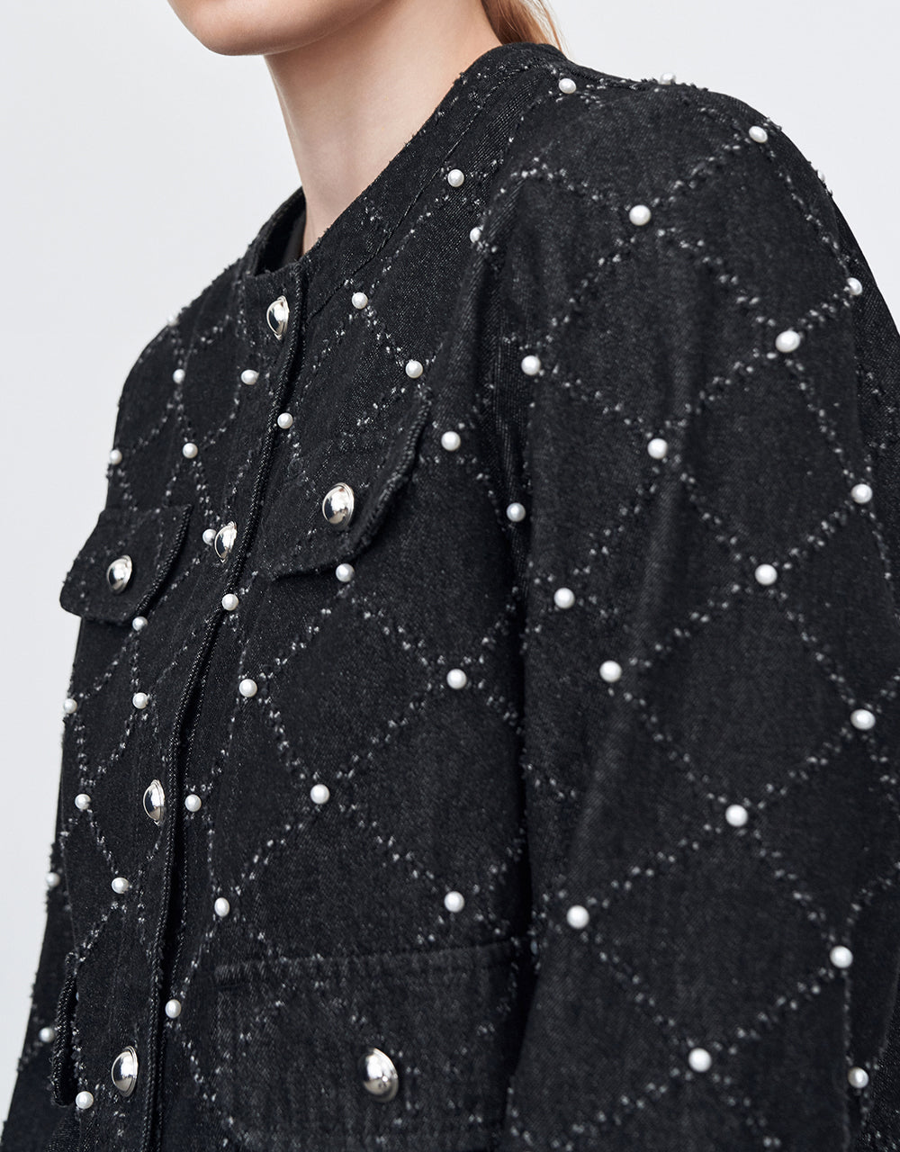 Faux Pearl Argyle Denim Jacket