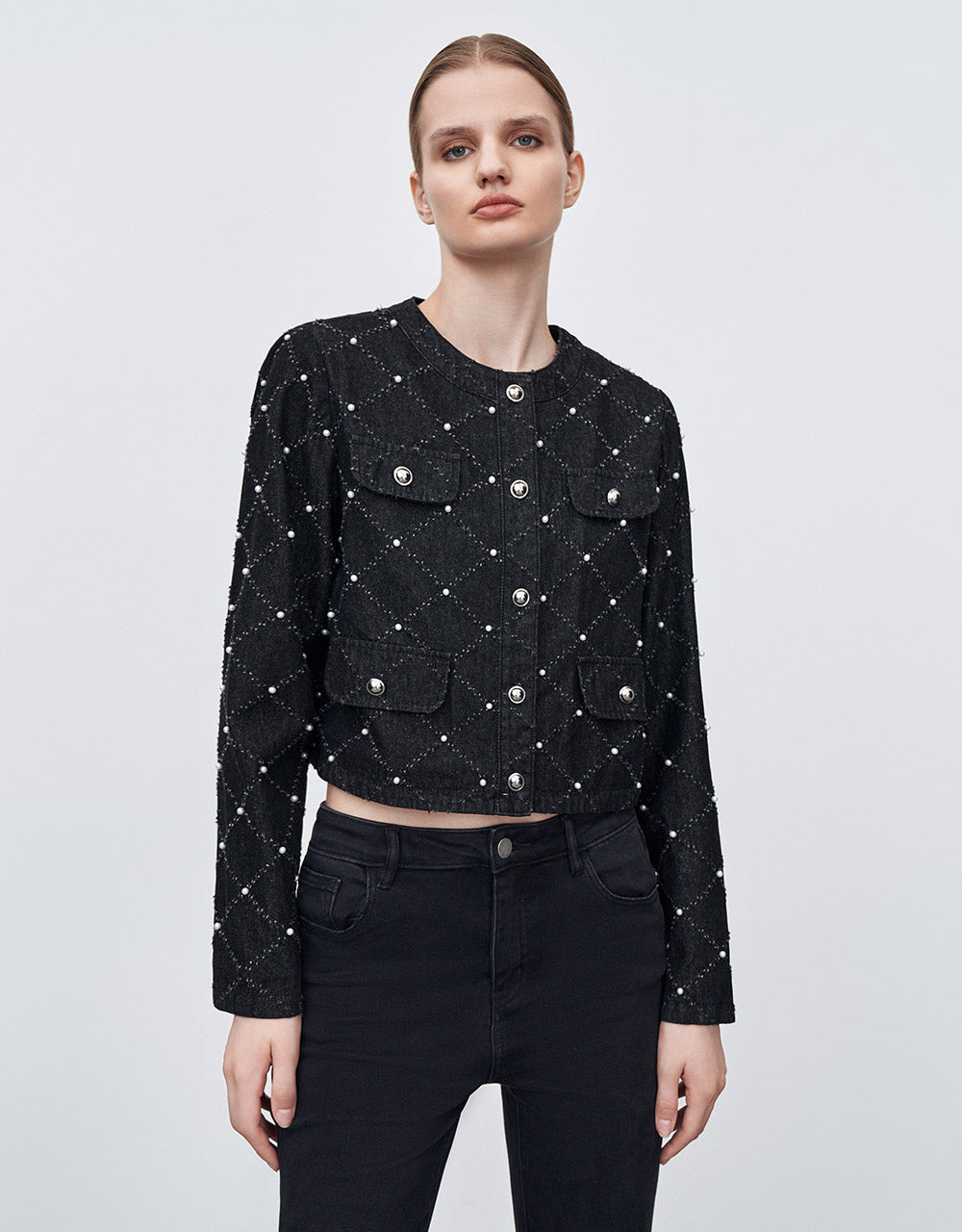 Faux Pearl Argyle Denim Jacket