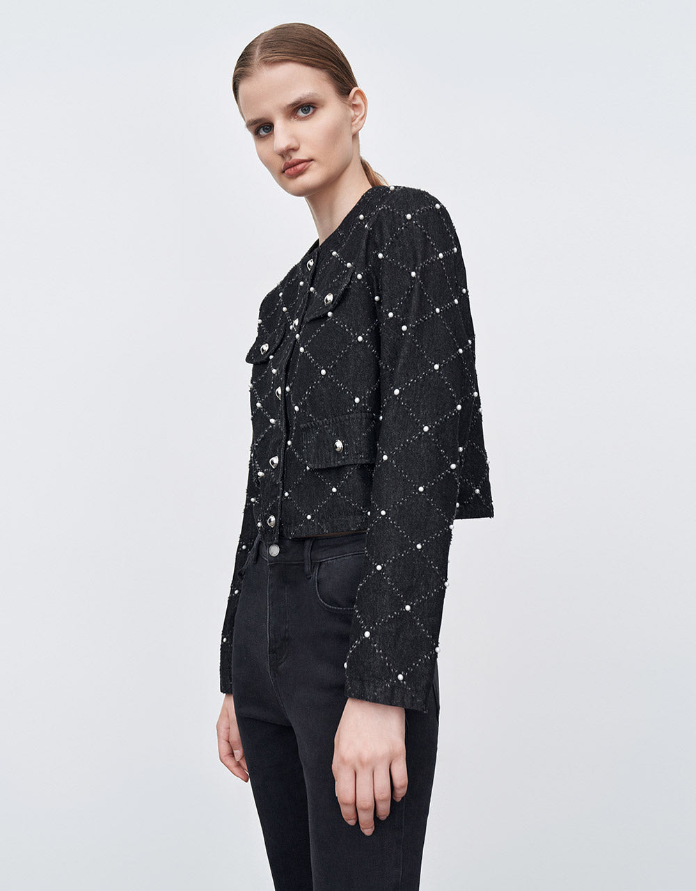 Faux Pearl Argyle Denim Jacket