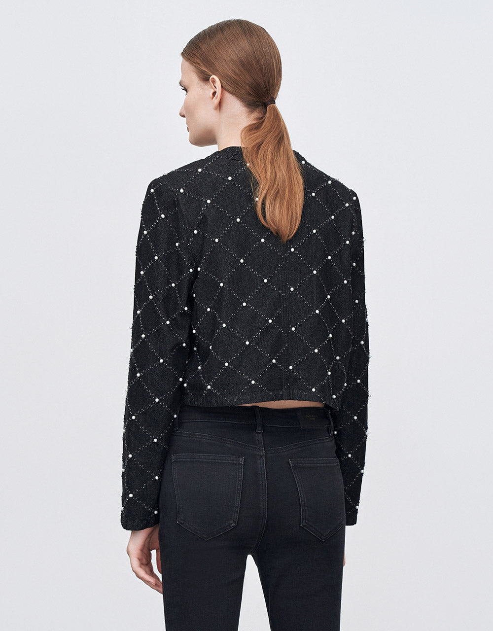 Faux Pearl Argyle Denim Jacket