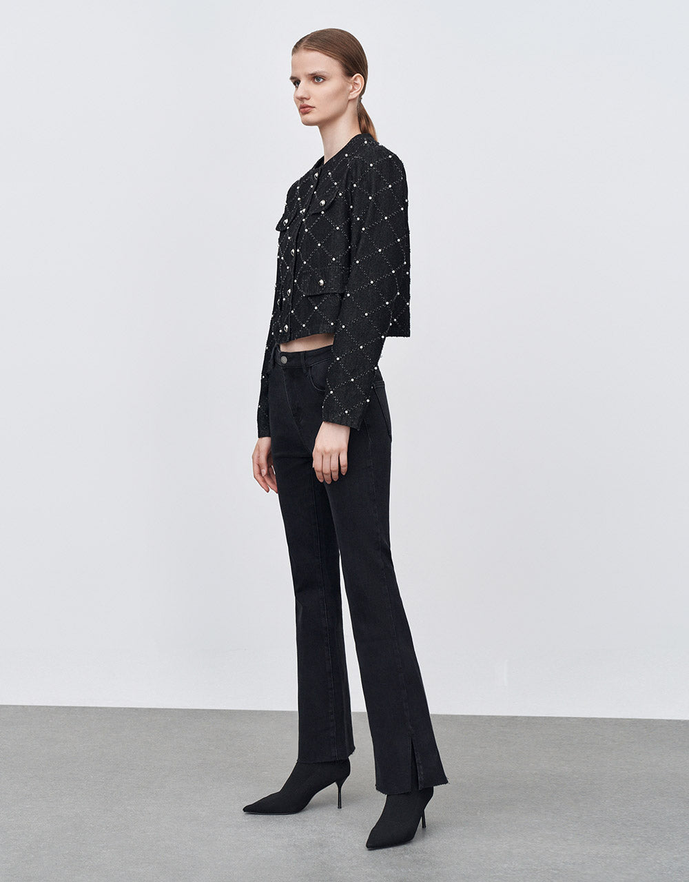 Faux Pearl Argyle Denim Jacket