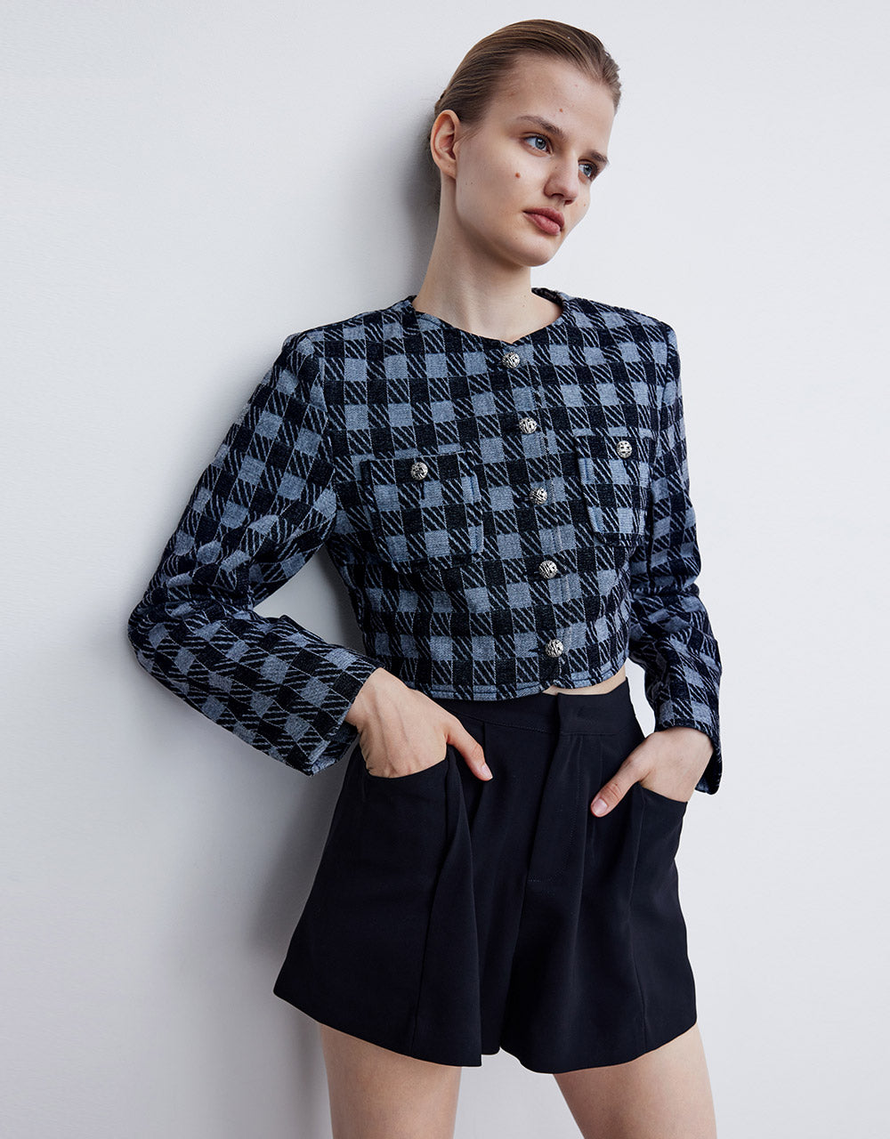 Checkered Cropped Denim Jacket