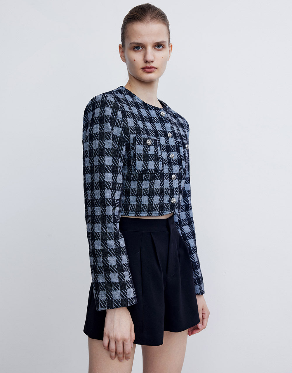 Checkered Cropped Denim Jacket