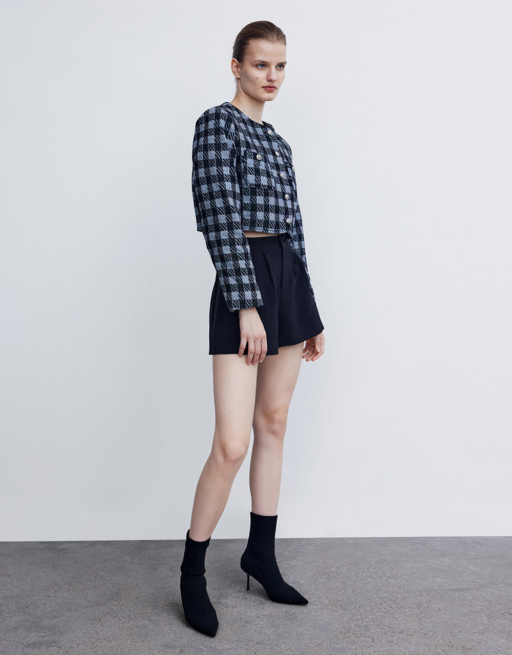 Checkered Cropped Denim Jacket