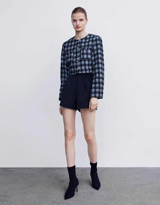 Checkered Cropped Denim Jacket
