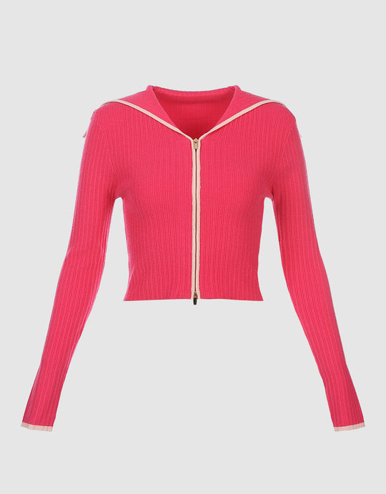 Contrast Trim Zippered Cardigan