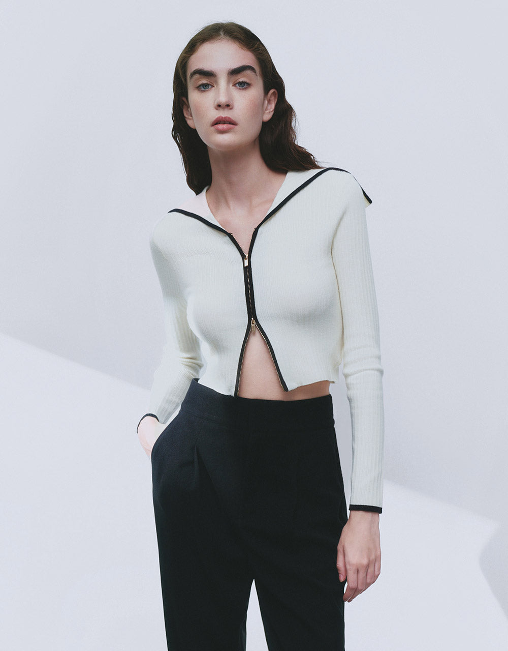 Contrast Trim Zippered Cardigan