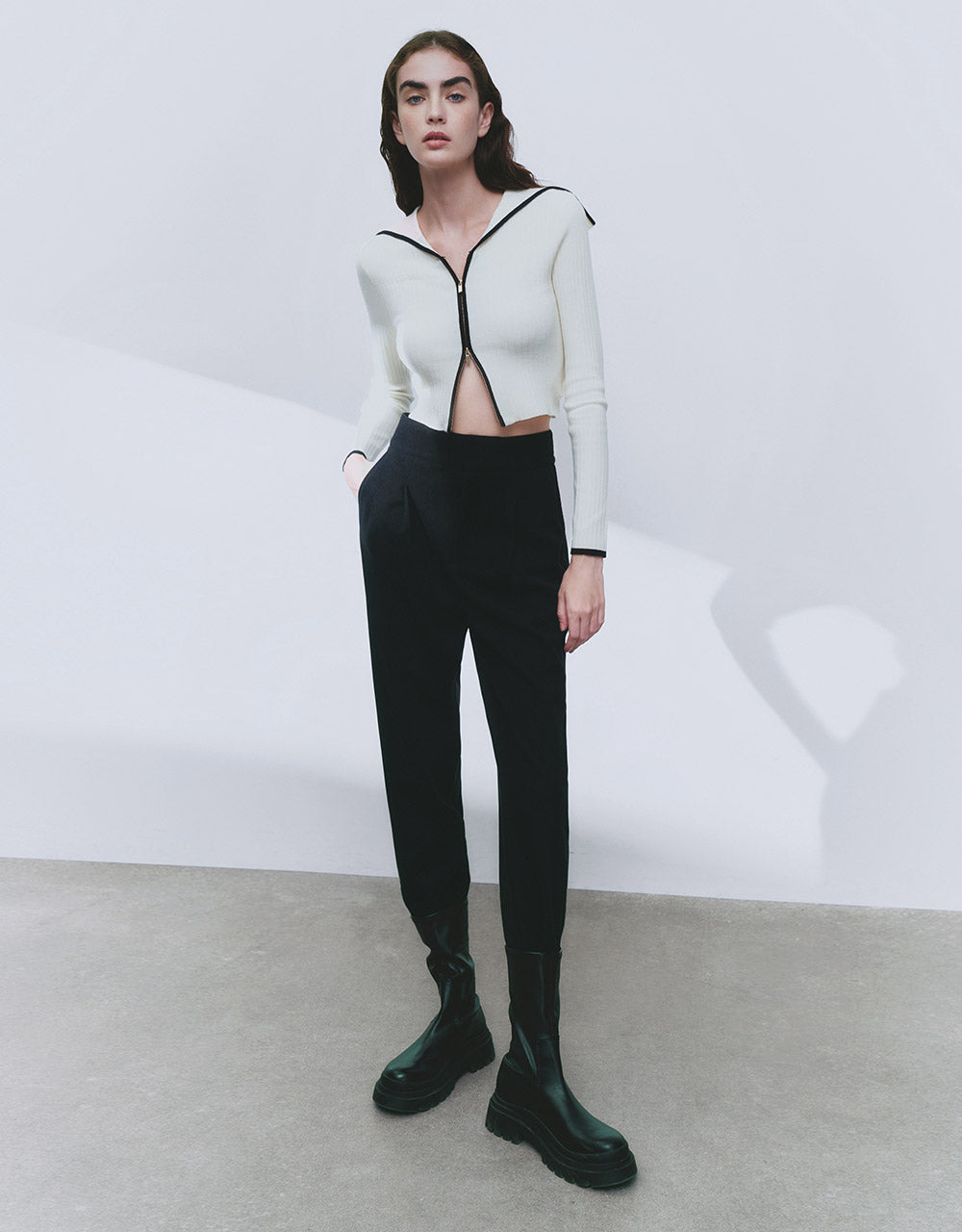 Contrast Trim Zippered Cardigan