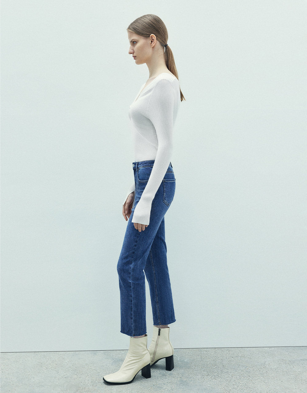 Mid Waist Raw Hem Straight Jeans