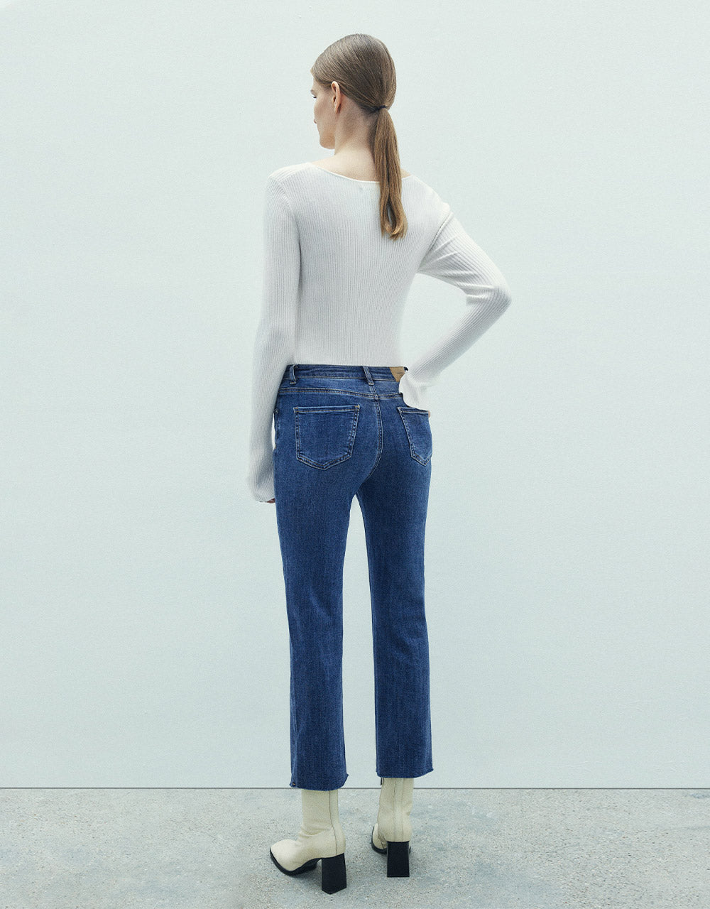 Mid Waist Raw Hem Straight Jeans