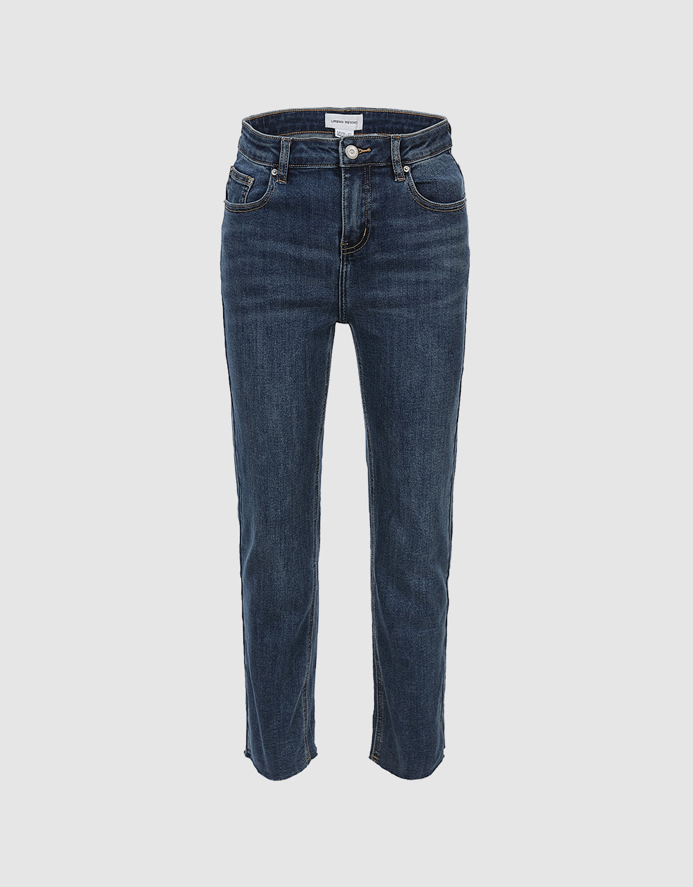 Mid Waist Raw Hem Straight Jeans