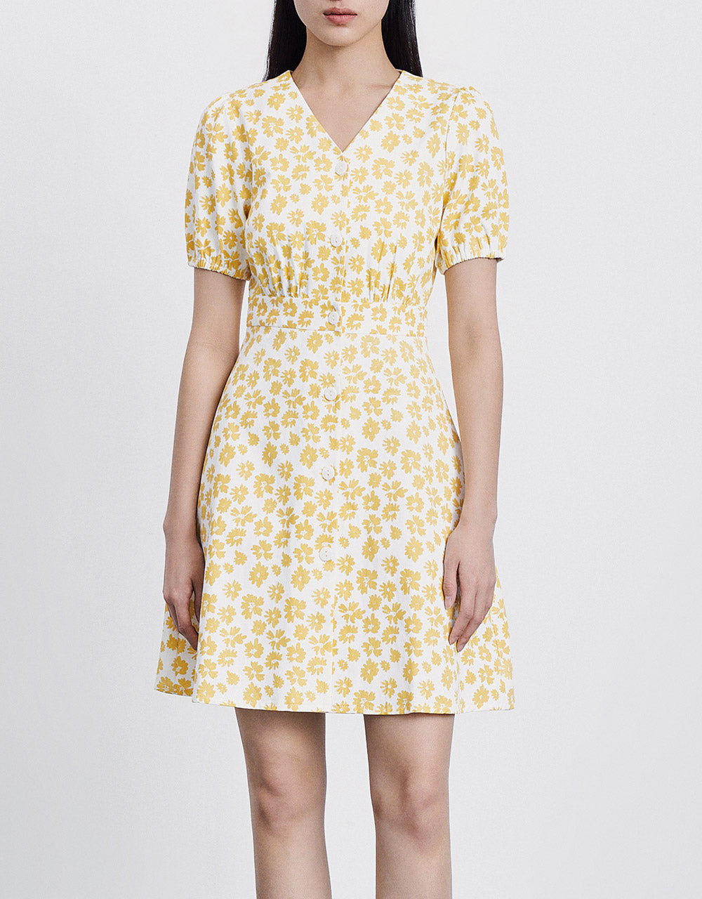 Floral Print Puff Sleeve Denim Dress