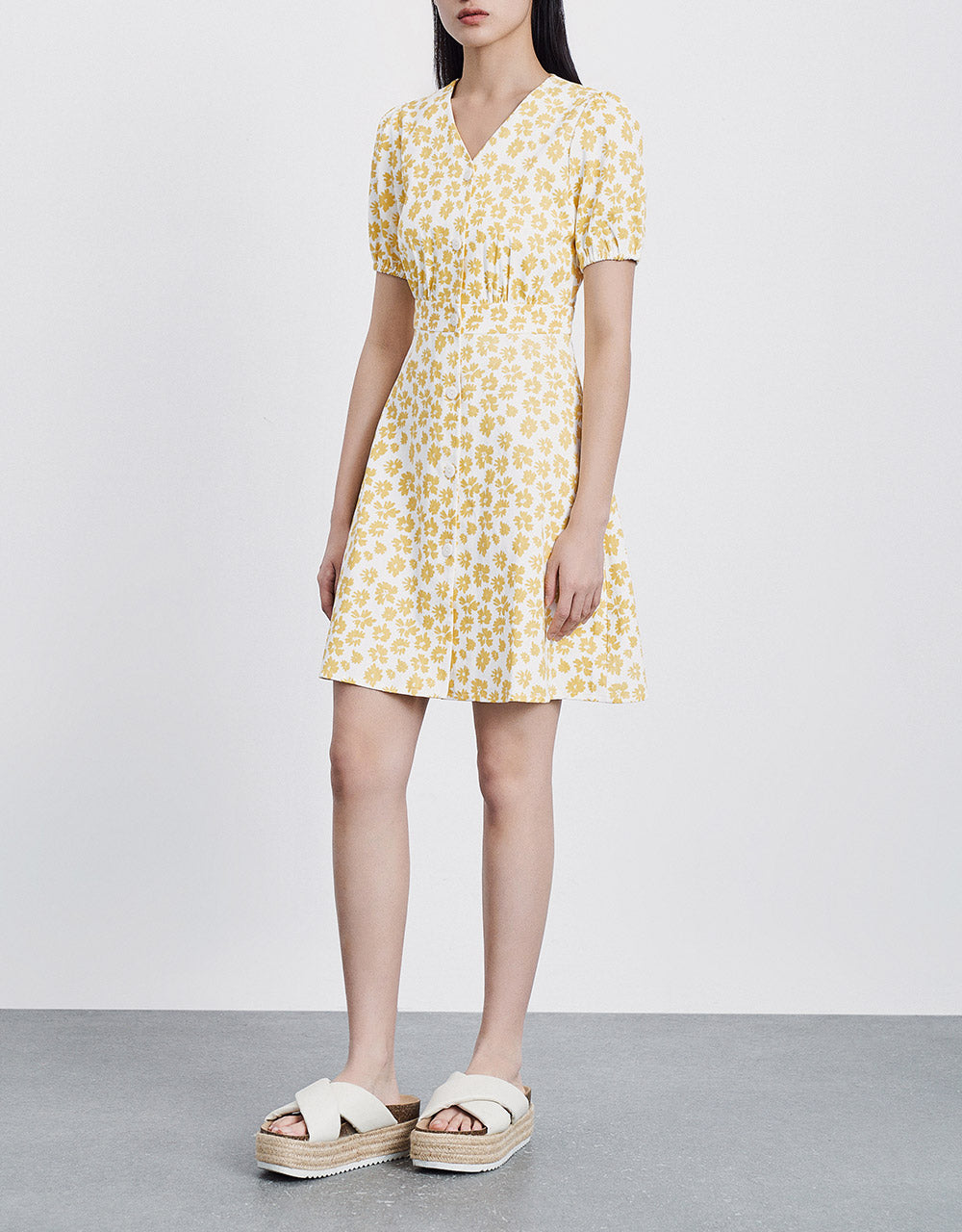 Floral Print Puff Sleeve Denim Dress