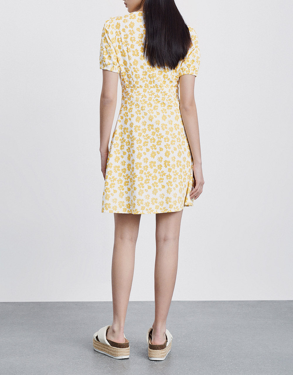 Floral Print Puff Sleeve Denim Dress