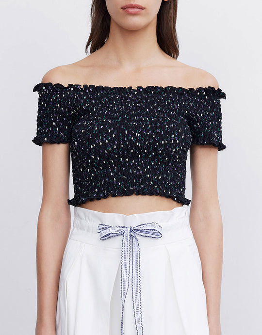 Abstract Print Shirred Crop Top