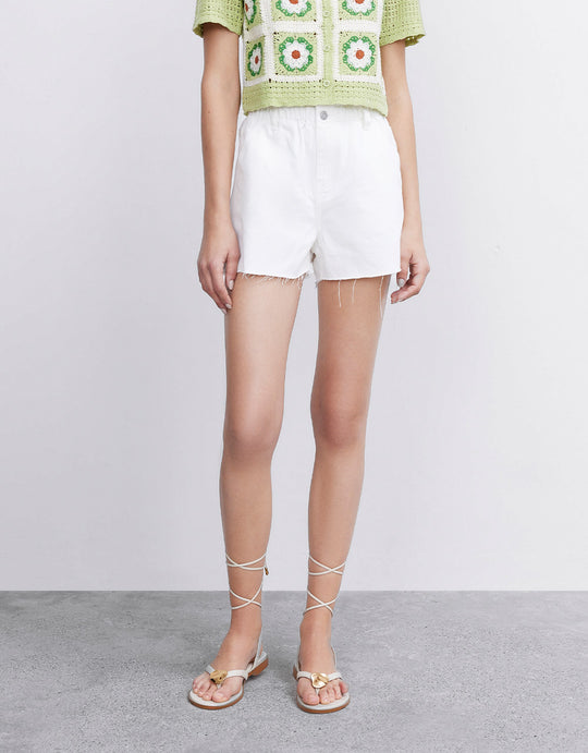 Paperbag Waist Raw Hem Denim Shorts