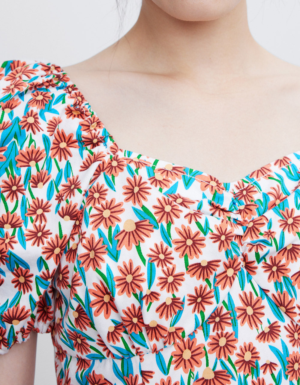 Floral Puff Sleeve Denim Dress