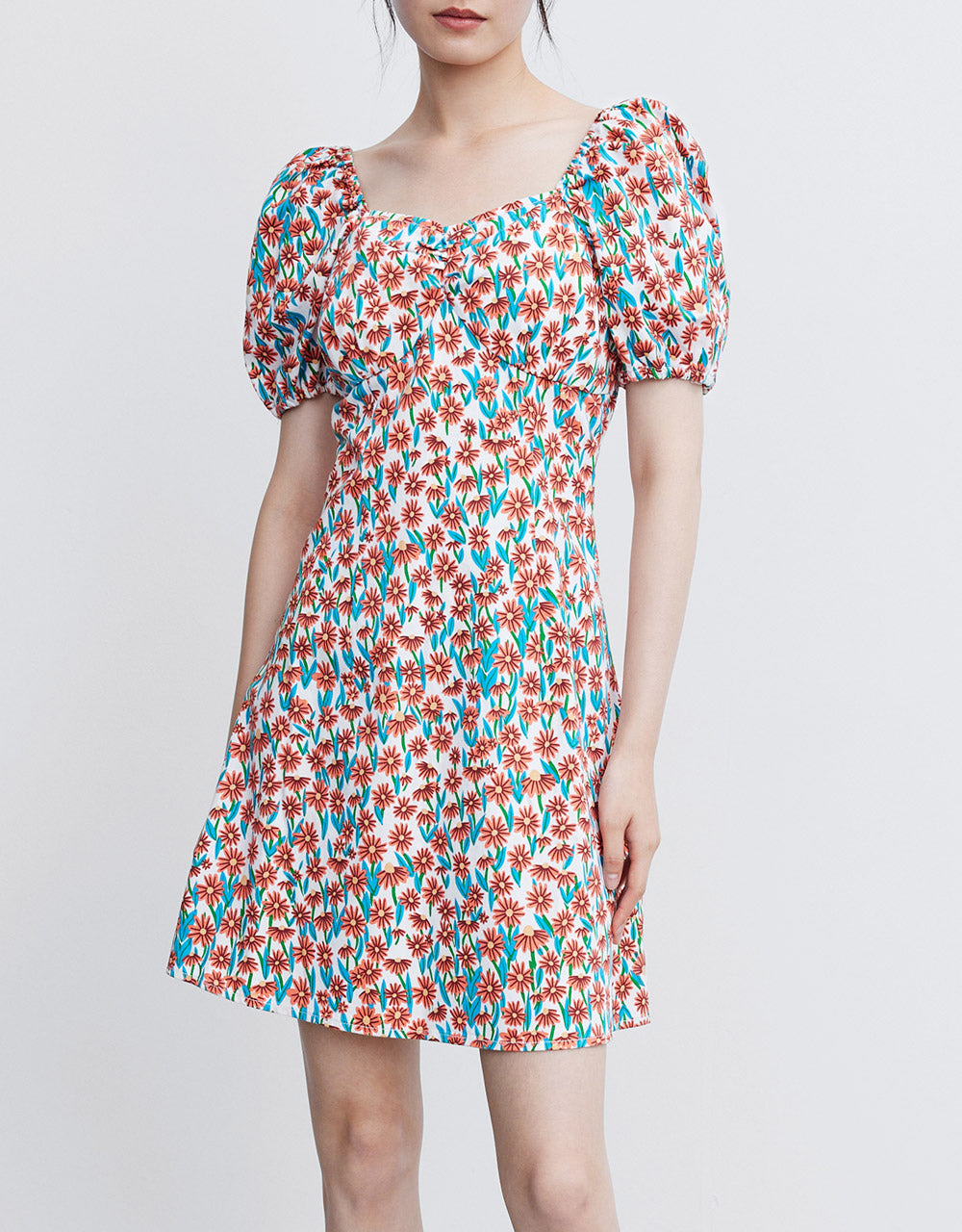 Floral Puff Sleeve Denim Dress