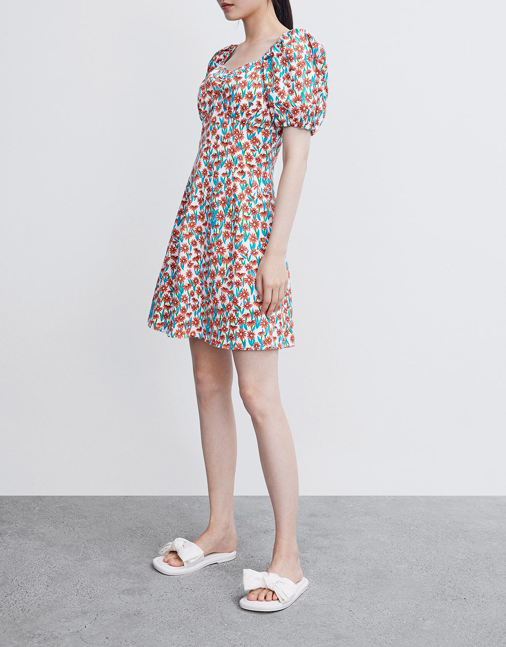 Floral Puff Sleeve Denim Dress