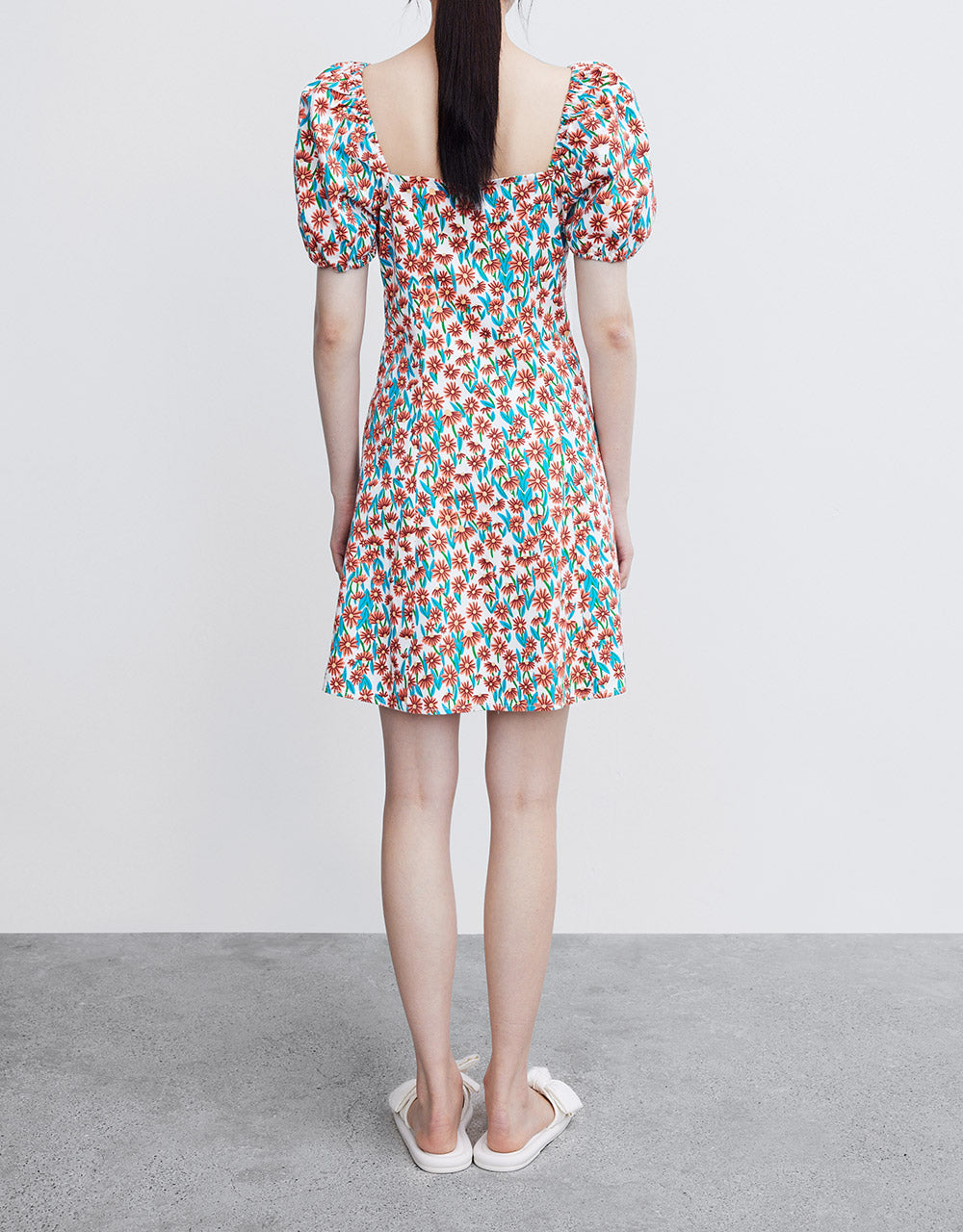 Floral Puff Sleeve Denim Dress