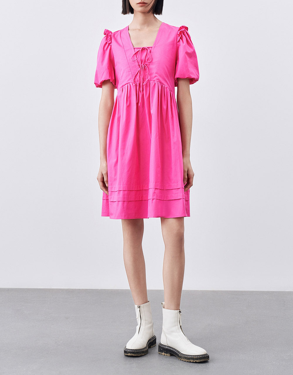 Lace Up Puff Sleeve Dress