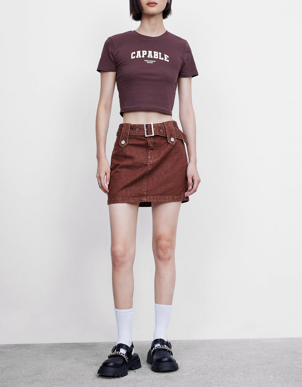 Belted Mini Denim Skirt