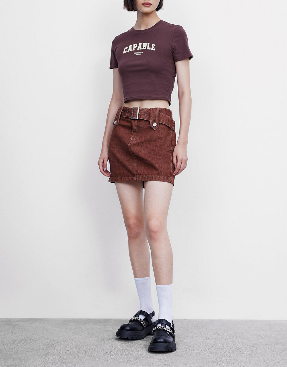 Belted Mini Denim Skirt