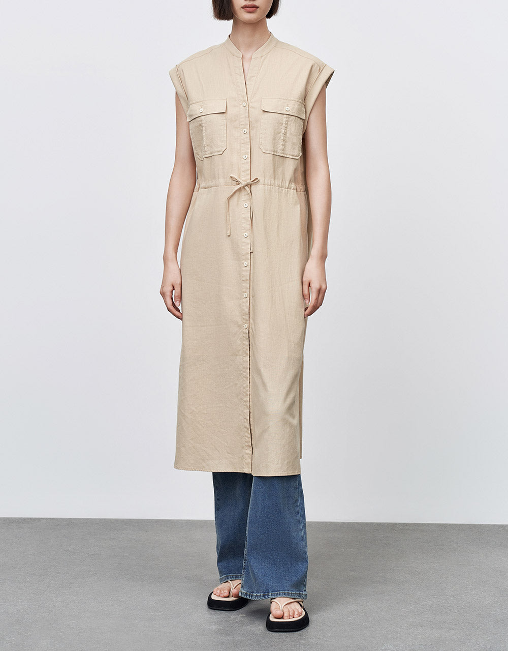 Buttoned Gathered Waist Dress