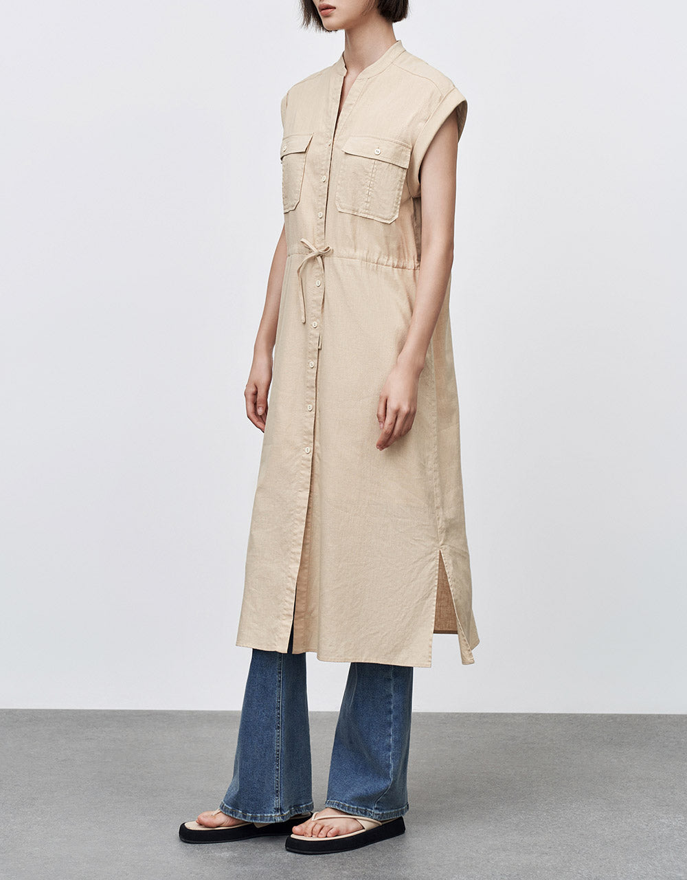 Buttoned Gathered Waist Dress