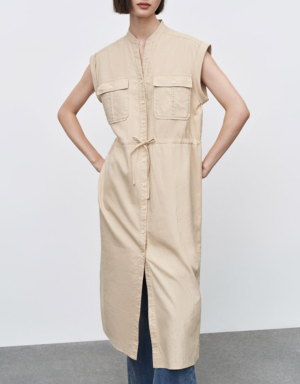 Buttoned Gathered Waist Dress